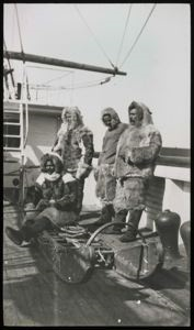 Image of Henson on Sledge, MacMillan, Borup, Gushue, aboard the SS Roosevelt